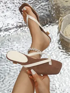 Women’s Contrast Strap Kitten Heel Sandals, Square Toe Thong Flip Flop Heels, Slip On Low Heel Mules for Summer Casual Vacation Outfit