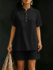 Women's Summer Linen Two-Piece Matching Set, Short Sleeve Top and Shorts, Button Design, Casual Elegant, Spring & Summer Fashion