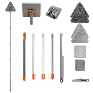 2-in-1 Extendable Baseboard & Wall Cleaner Mop with Squeegee, 360° Rotatable Convex Design, 8 Reusable Fiber Flannel Chenille Pads for Ceiling, Window (Home Care Mop Supplies)