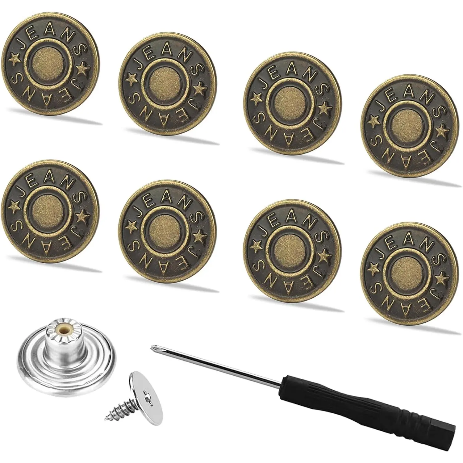 Jeans Buttons  8 Set 17mm  Adjustable No Sewing Nailess Removable Metal Pants Suspender Button  Repair Combo Kit for Tightener Loose Jeans with Screwdrivers
