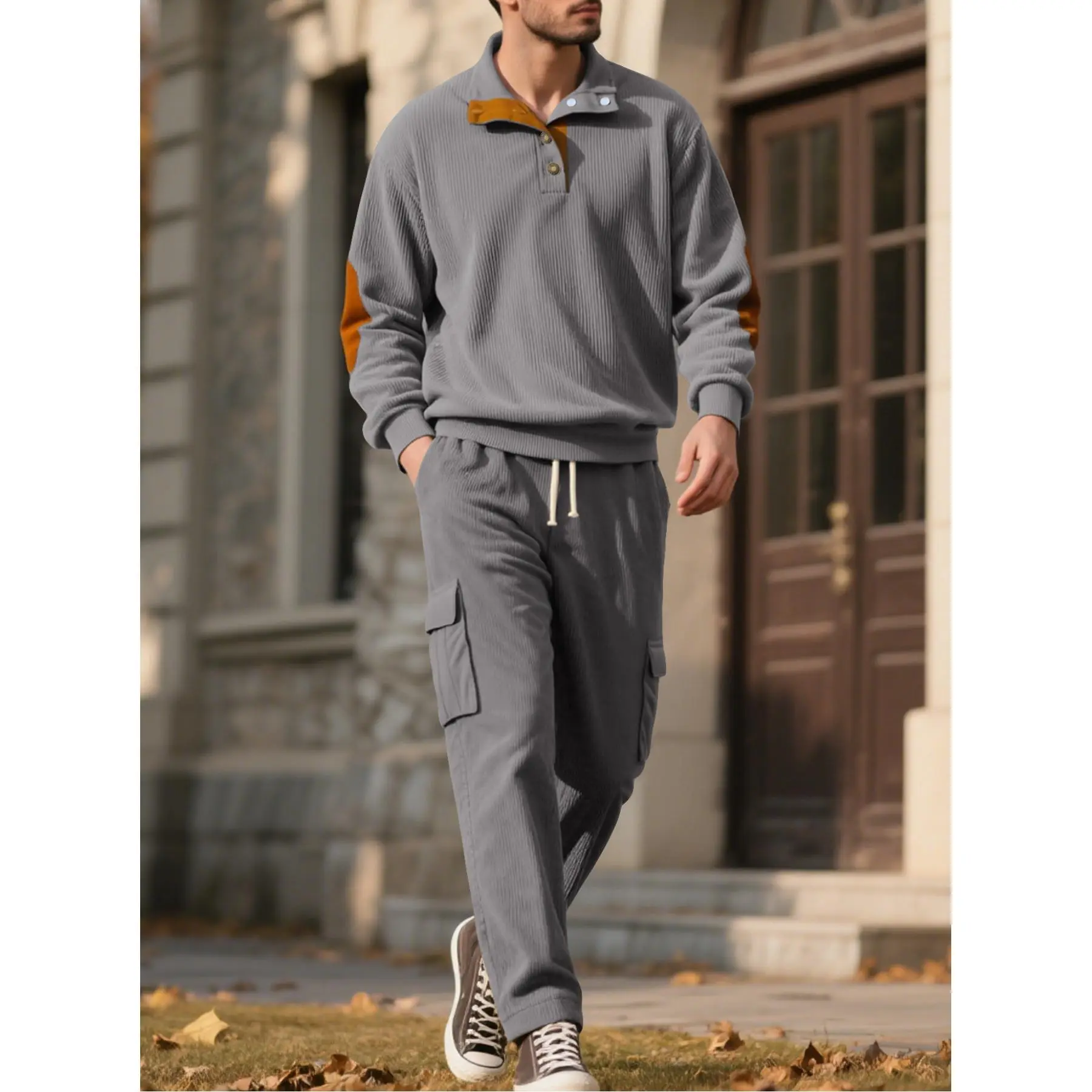 Men's 2026 New Arrival Autumn Winter Lined 2-Piece Set - American Stand Collar Polyester Knit Sweatshirt, Loose-Fit Cargo Pants, Medium Length, Machine Wash, Outdoor Ready for Teenagers