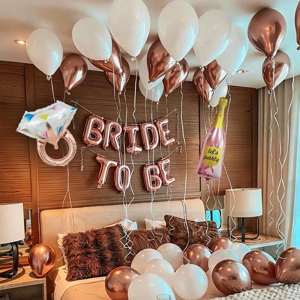 Rose Gold Wedding Balloon Set, Bridal Decoration Kit, Letter and Diamond Ring Foil Balloons, Indoor and Outdoor Decorations