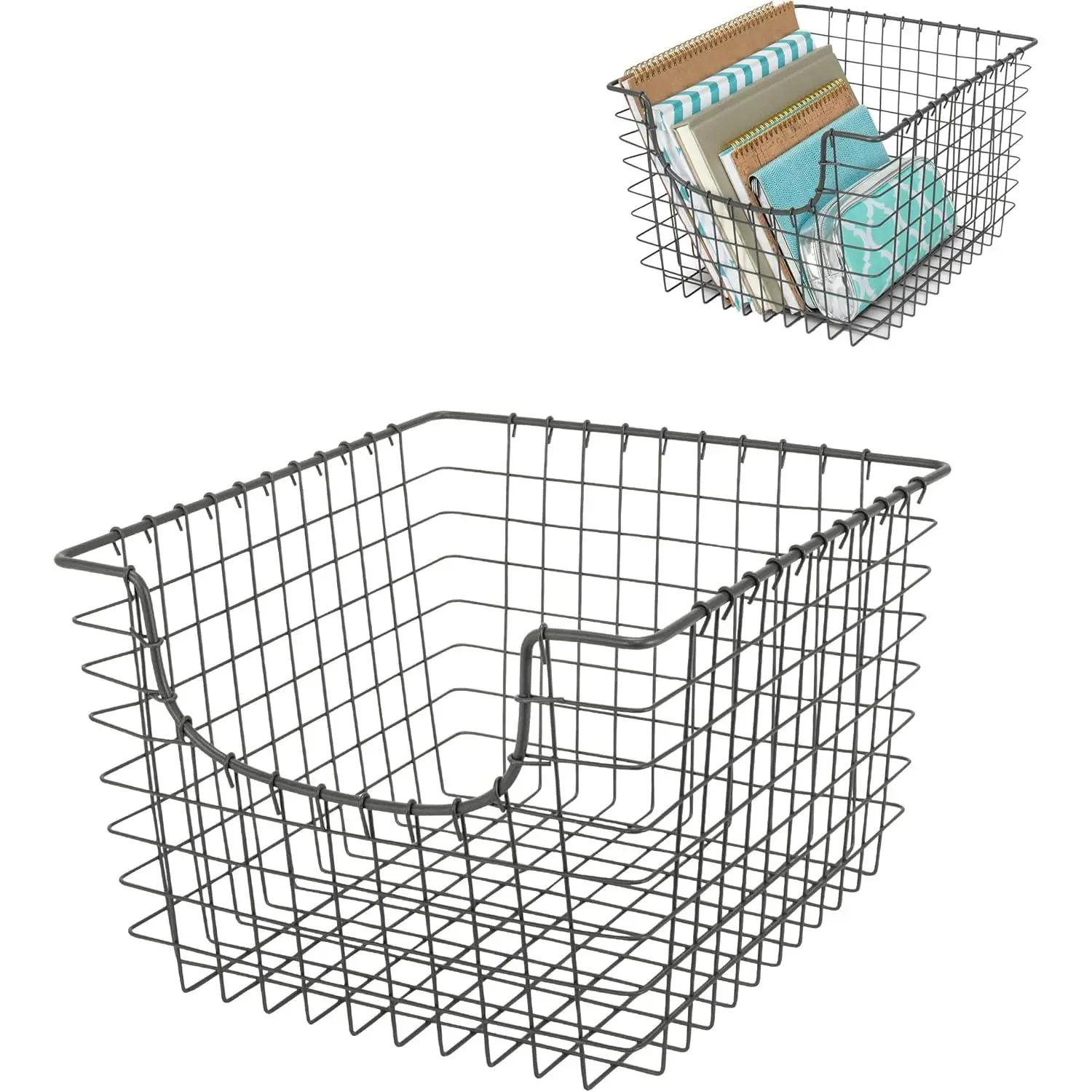 Wire Scoop Basket Storage Bin Industrial Gray Medium Metal Wire Basket Organizer for Kitchen Pantry Wire Storage Bins, Heavy Duty Rectangle Wire Storage for Kitchen Organization