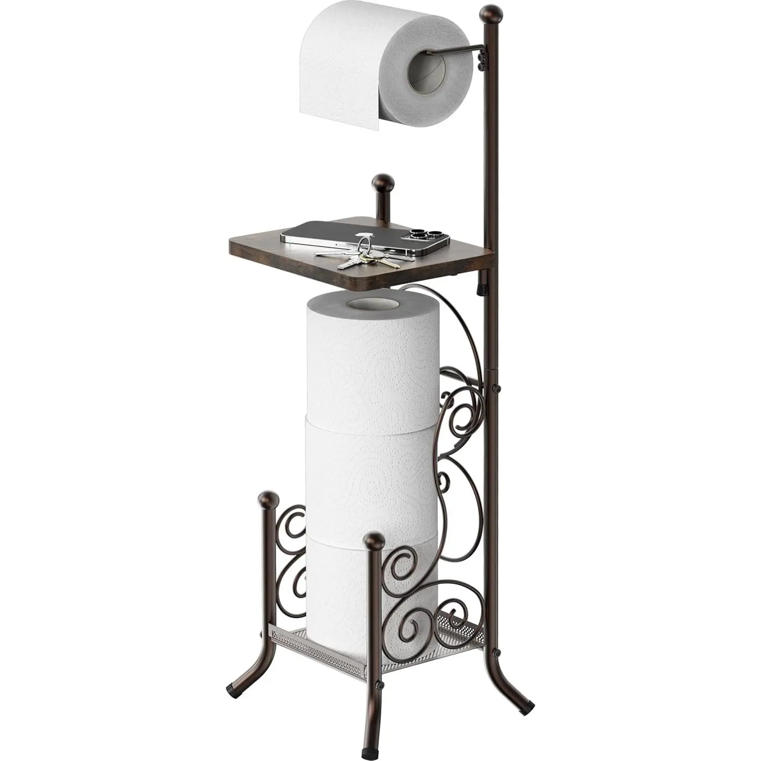 Decorative Bronze Metal Toilet Paper Holder Organizer - English Style Personal Household Woodtop Stand, Holds 4 Rolls, 8.5" x 8.75" x 29.2"