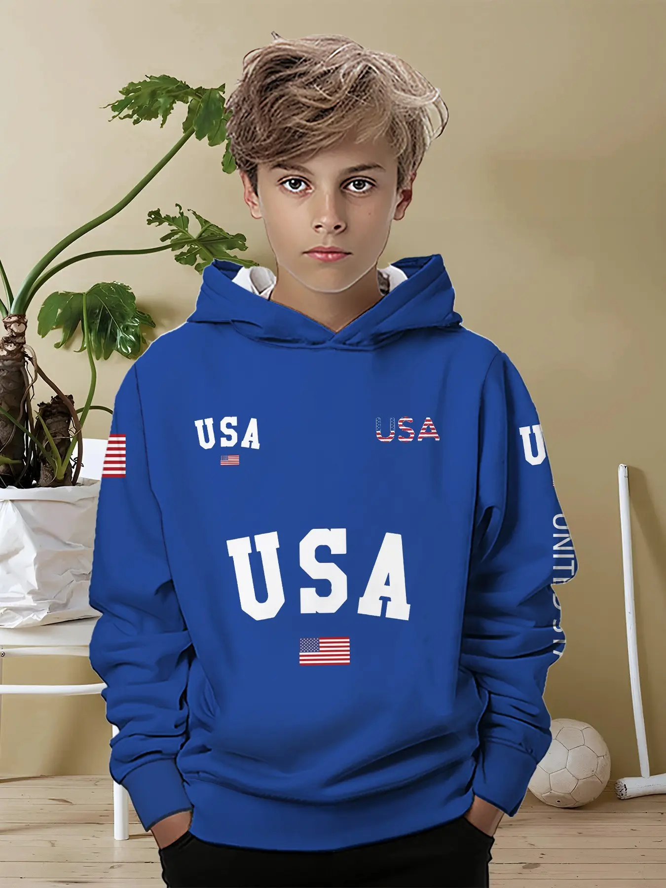 American Flag Graphic Pullover Hoodie for Boys, Blue Loose-Fit Casual Sweatshirt, Trendy Spring & Fall Outerwear