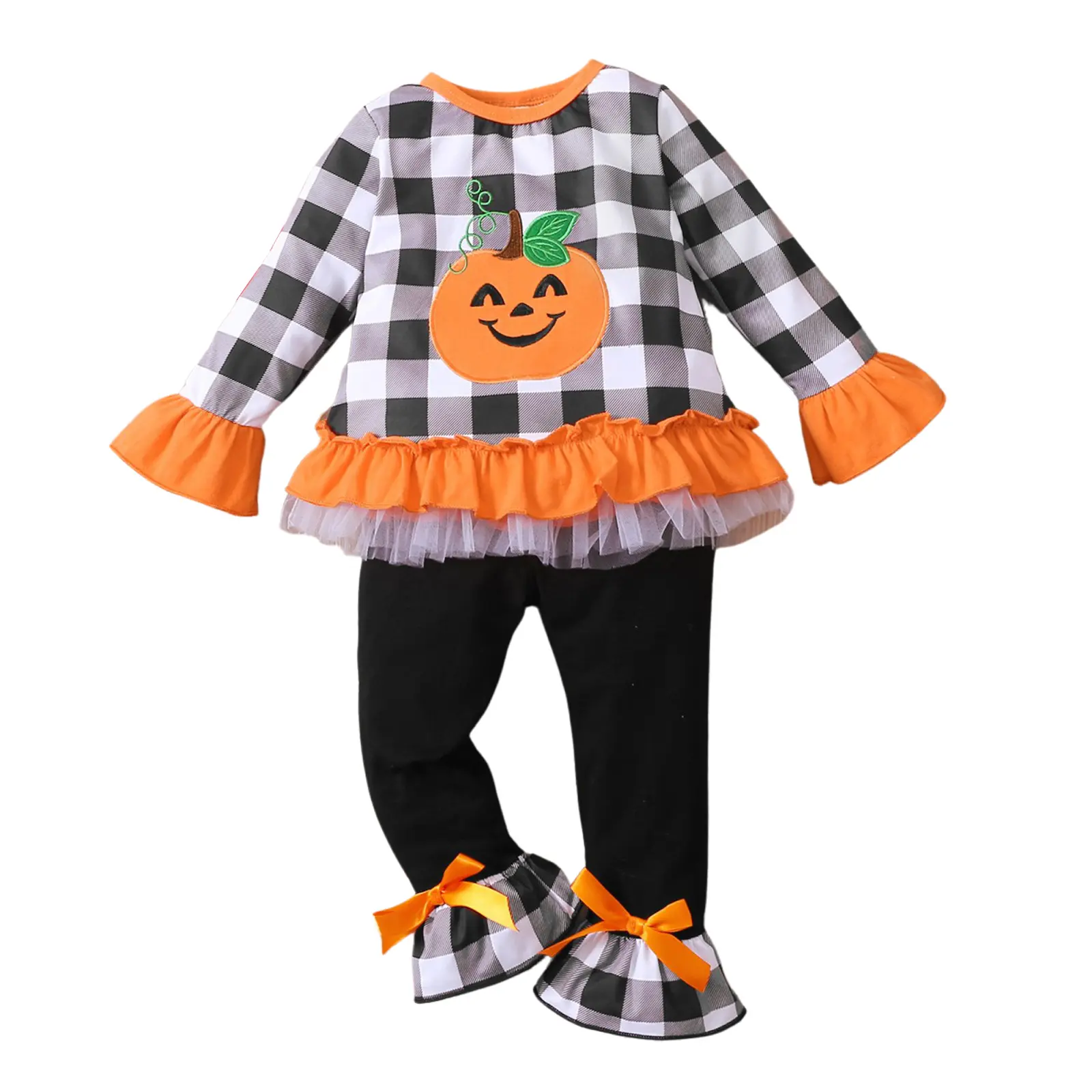 Girl Halloween Outfit 2Pcs Pumpkin Embroidery Long Sleeve Top Plaid Flare Pants Cute Set