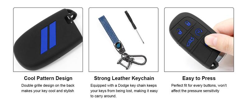 for Dodge Key Fob Cover with Keychain for Dodge Charger Challenger Dart Durango Journey Replacement Remote Control 3 4 5 Buttons Key Fob Shell (Blue Trim, 1 PC)