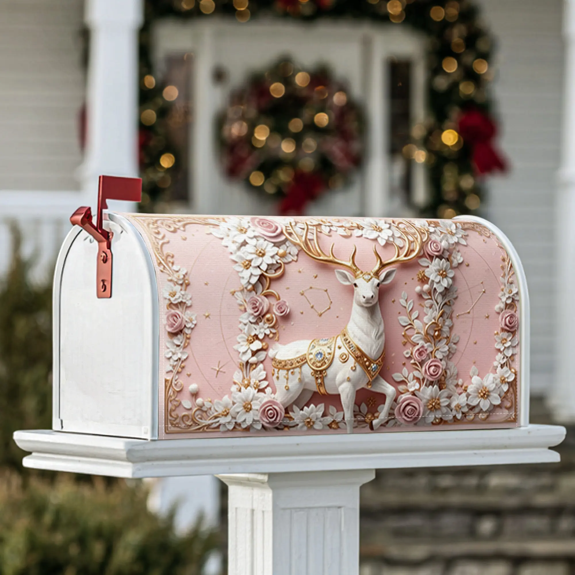 deer Magnetic Mailbox Covers, festive whimsical flowers roses Winter pink Seasonal Mailbox Cover for Front Door Decor