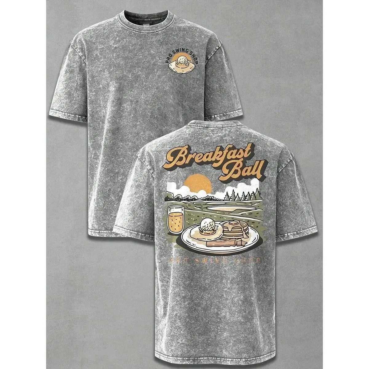 Vintage Acid Washed Breakfast Ball Golf Graphic T Shirt 100 Percent Cotton Oversized Baggy Short Sleeve Crewneck Retro Sports Streetwear Casual Top For Golfer Outdoor Course Daily Weekend Gift Tee