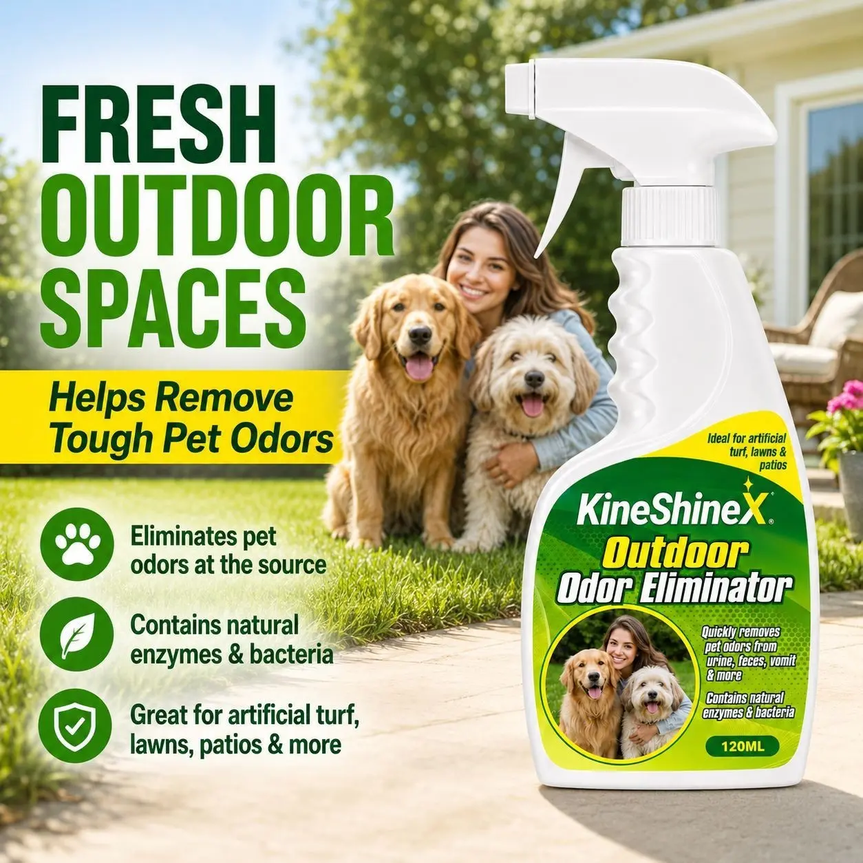 Kineshinex Outdoor Pet Odor Eliminator Spray, Enzyme Breakdown Urine Stains, Effective Dog Waste Cleaner, Easy-To-Use Pet Care Solution