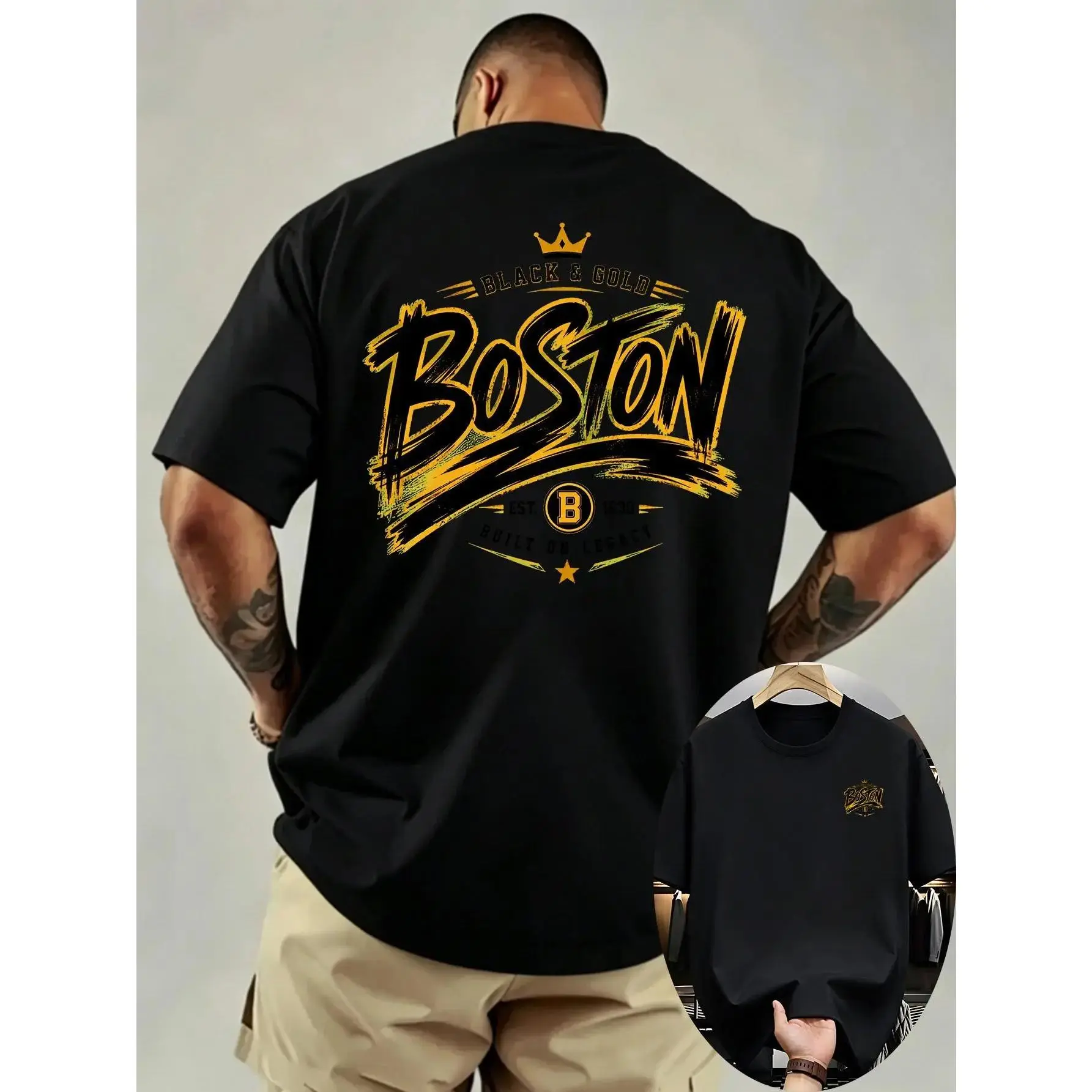 Men's Plus Size Black & Golden Boston Graphic Short-Sleeve T-Shirt - Activewear Athletic Sports Clothes Menswear, Round Neck, Front & Back Print, Retro Sport Streetwear Top for Casual Outings, Fabric