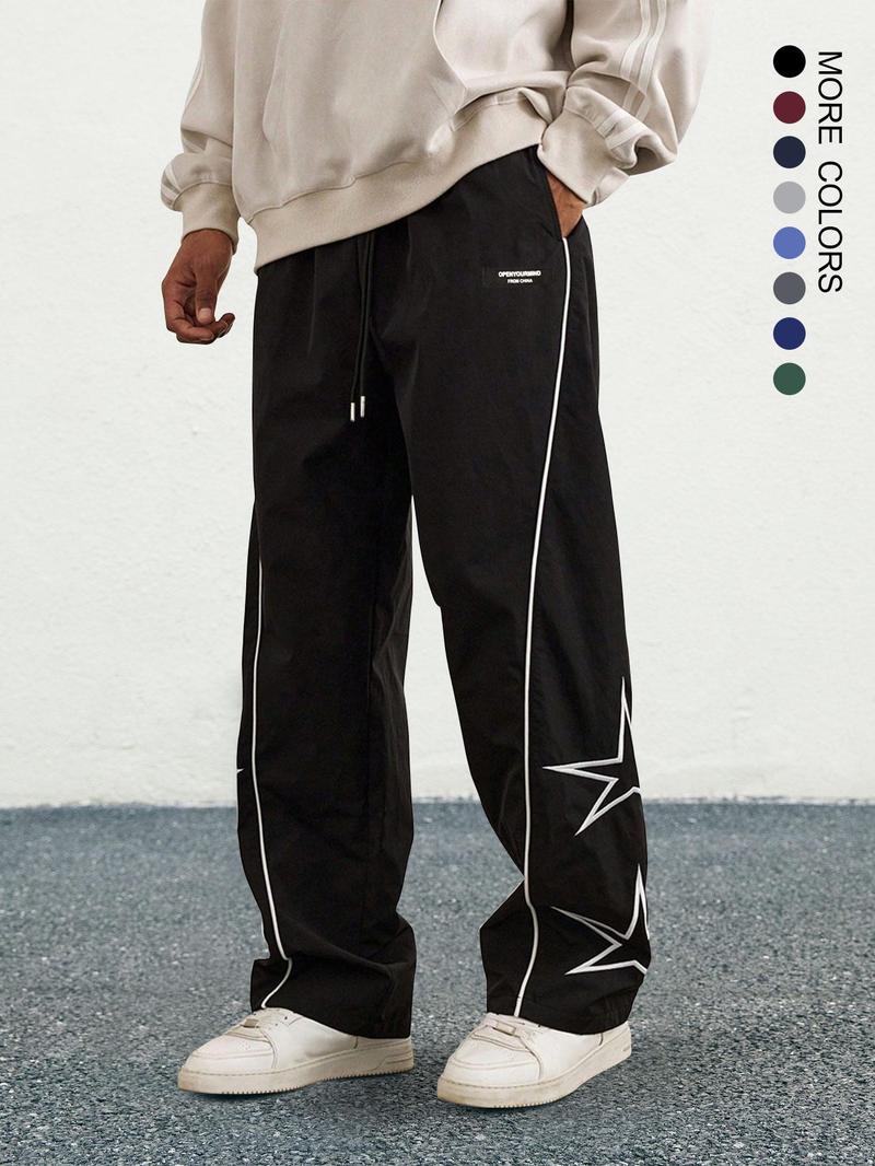 Men's Loose Star Print Drawstring Waist Wide Leg Pants, Casual Pocket Trousers, Casual Streetwear Trousers for Daily Wear, Woven Bottoms for All Seasons, National Day Offers