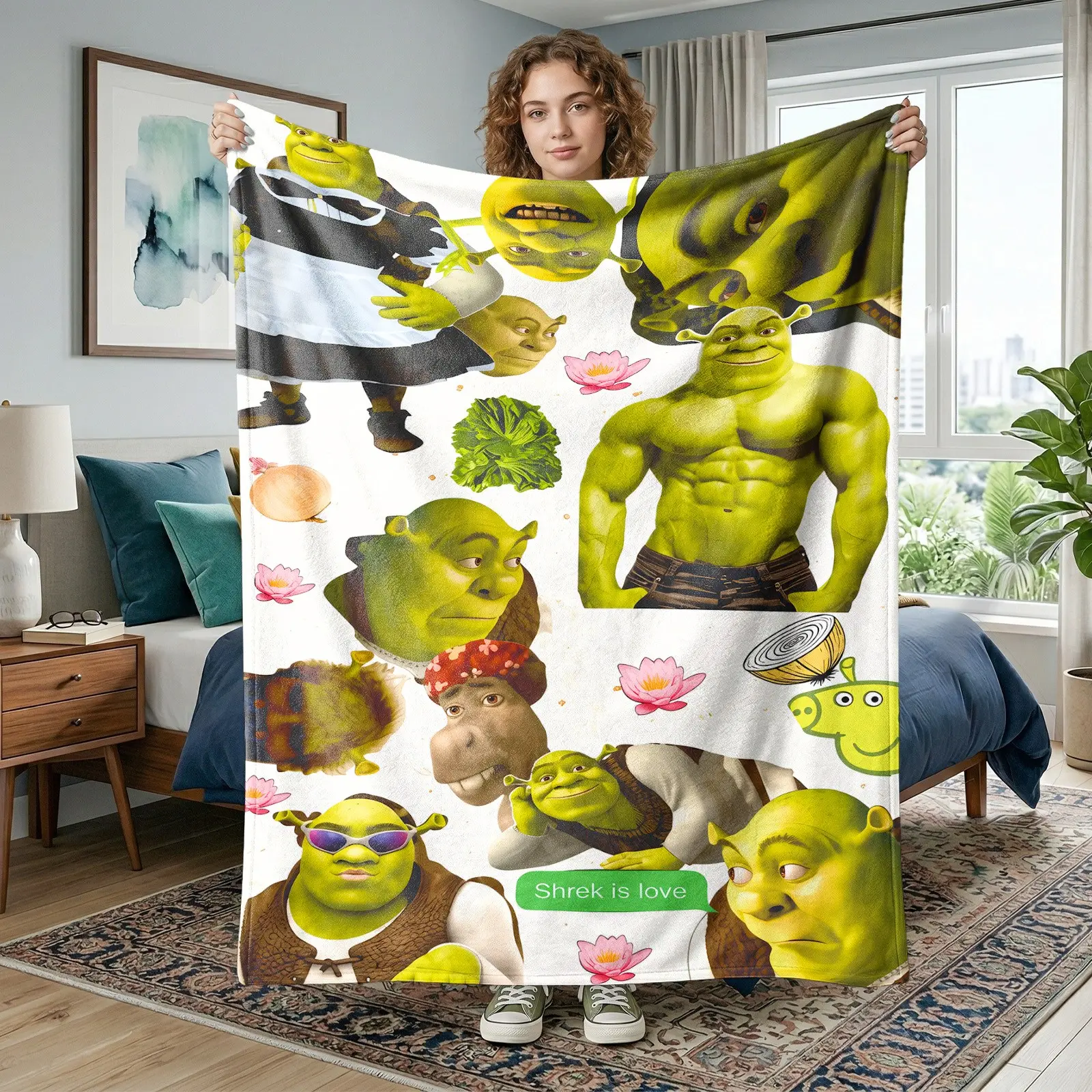 1pc Shrek Cartoon Collage Themed Fleece Blanket, Multiple Shrek Poses, Donkey, Lotus & Funny Text All-Over Print, Whimsical Sticker Style. Soft Multi-use Throw for Sofa, Bed, Office, Camping, Ideal for Birthday & Christmas Gifts, Gift Blankets