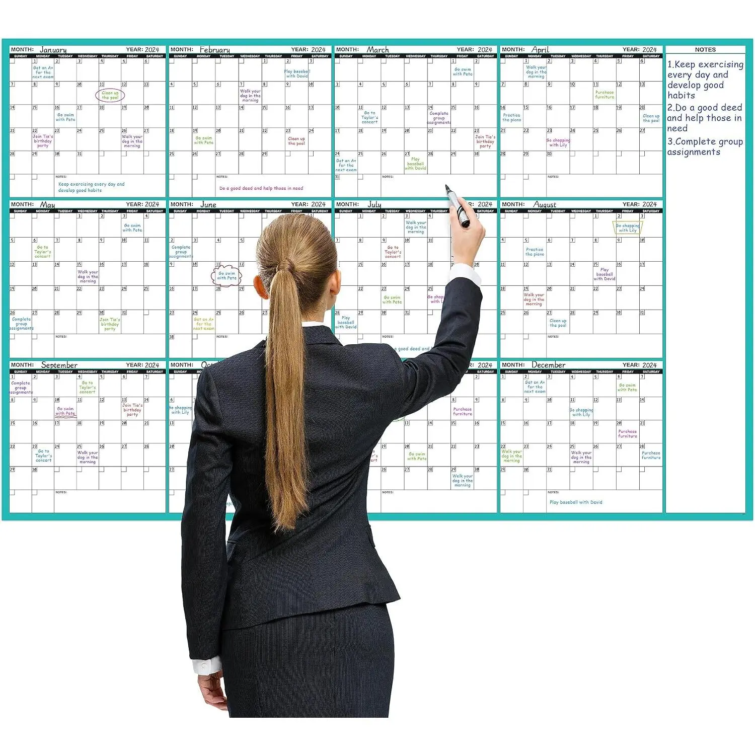 Large Dry Erase Calendar for Wall - Undated 12 Month Wall Calendar, 37"x58", Yearly Wall Calendar Dry Erase, Erasable &  Calendar with 15 Round Stickers, Green Large Wall Calendar Dry Erase