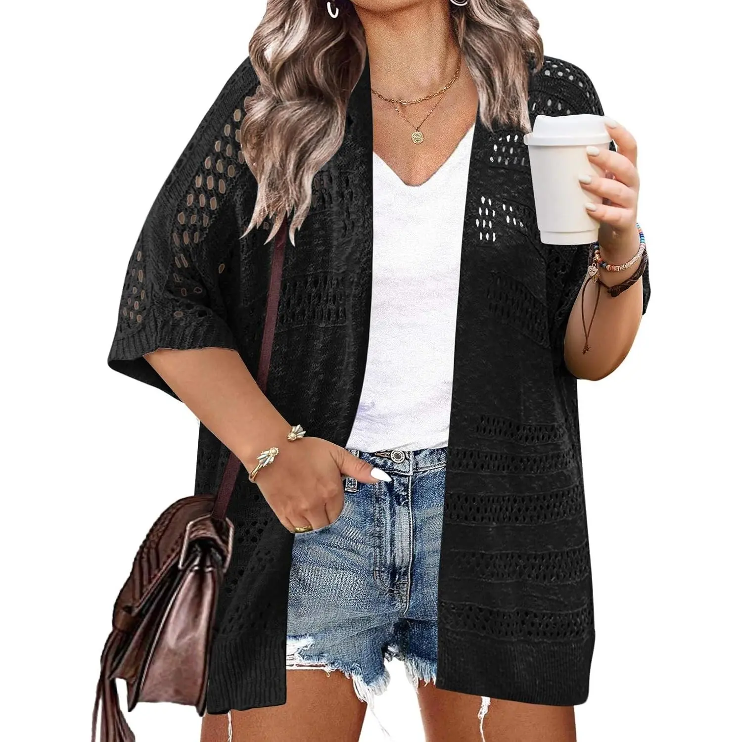 Women's Plus Size Boho Crochet Cardigan, Short Sleeve Open Front Kimono, Lightweight Mesh Cover Up for Casual Summer Fashion, Fabric, Cocktail, Ribbed, Oversized, Comfy, Beach, Cute