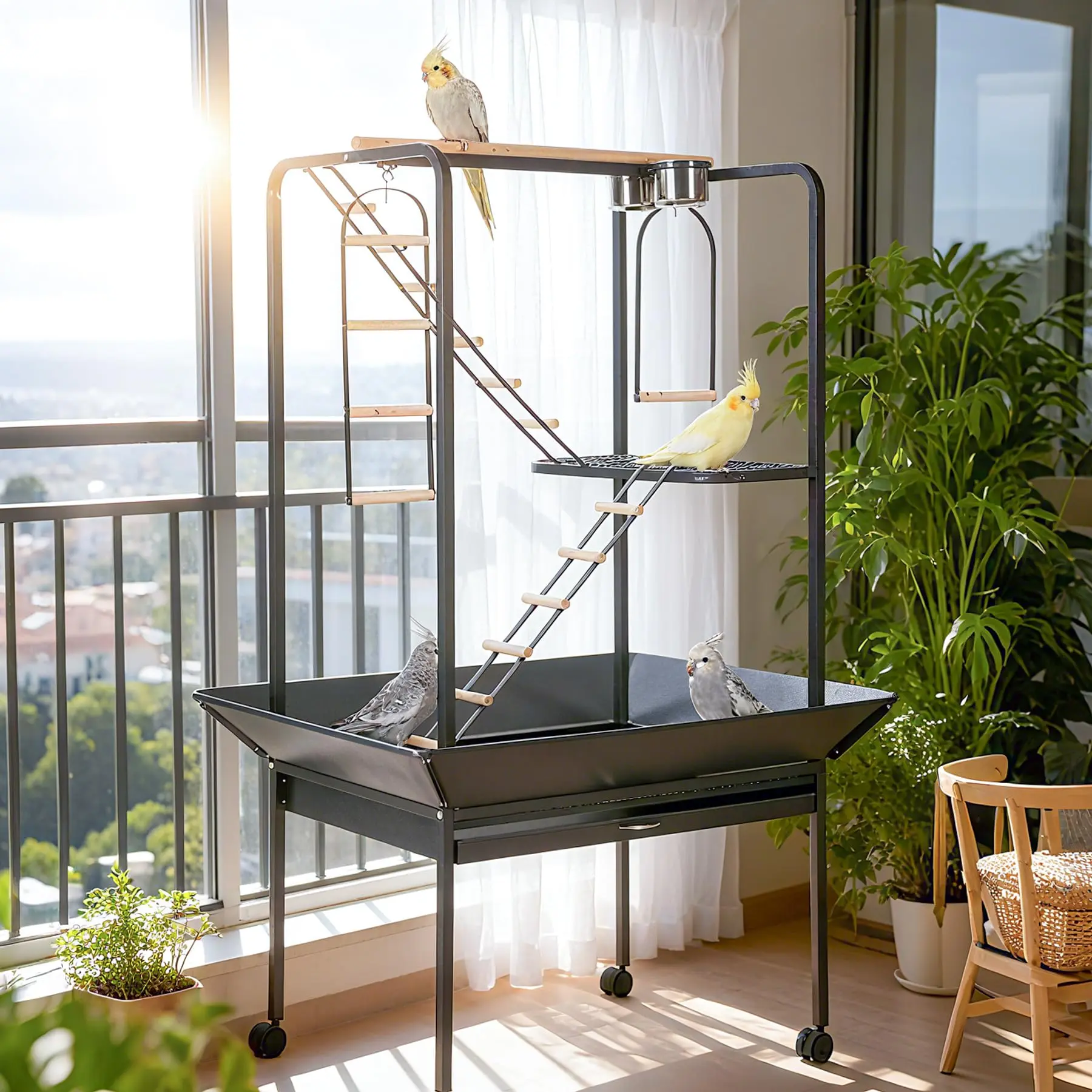 66" Extra Large Parrot Bird Cage with Rolling Stand, Waterproof Roof, Removable Tray, Lockable Casters, Durable Wrought Iron Birdcage for Macaw, Cockatiel, Budgie, Lovebird