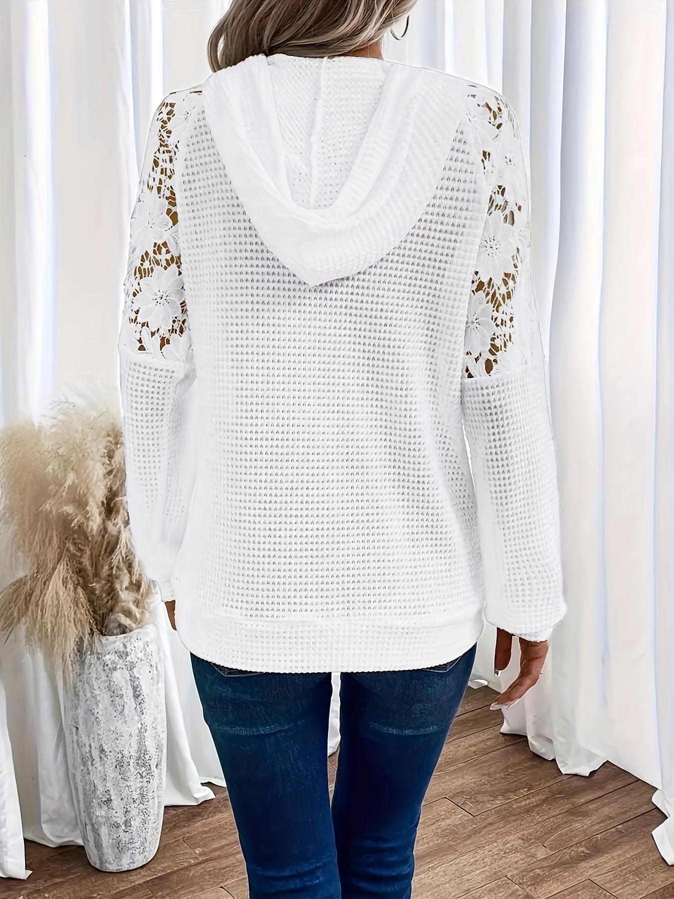 Plus Size Women's Hooded Lace Patchwork Pullover Sweater, Casual Long Sleeve Drop Shoulder Knit Top, Spring, Fall & Winter Fashion