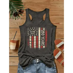 Women's Racerback Tank Top U Neck Sleeveless Summer Patriotic 250 Years American Flag Graphic Vintage 4th of July Independence Day Casual Tunic Tees