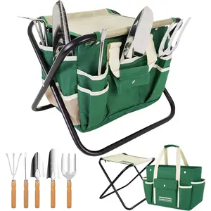 7-Piece Gardening Tool Set – Stainless Steel Tools with Wooden Handles, Folding Stool & Canvas Tote, Durable Garden Kit for Women and Beginners