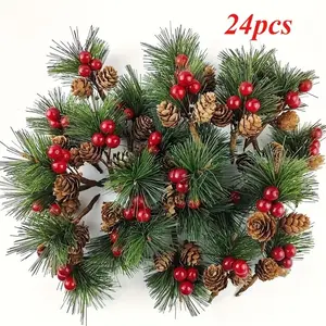 24 pieces of artificial pine branches with red berries and plastic pinecones, American-style imitation pine needles, small branches of Christmas handmade green leaves for DIY wreaths, Christmas decorations