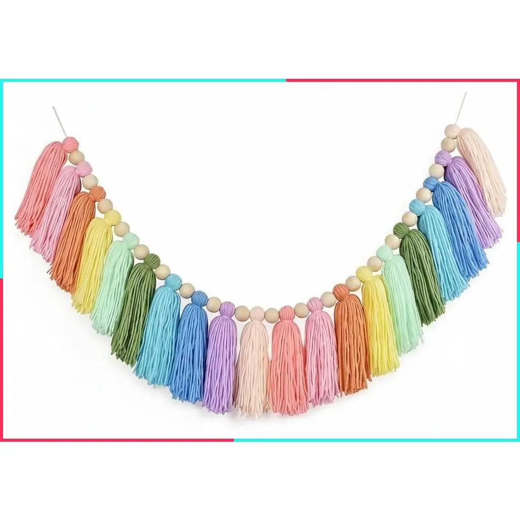 Pastel Rainbow Tassel Garland – Colorful Boho Girls Bedroom Decor