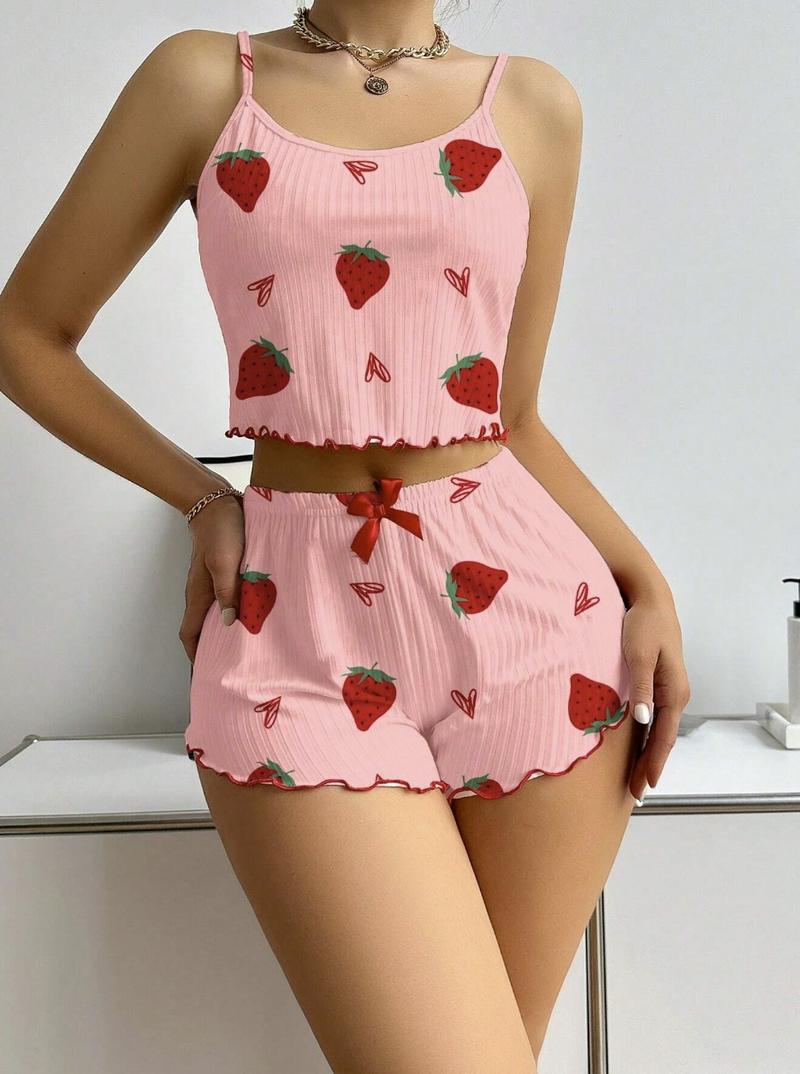 Casual pajama set, cherry and heart print, spaghetti straps, ruffled hem, short set, polyester 95% spandex 5%, 180g/m², perfect for Valentine's Day gift, suitable for all seasons Fabric Loungewear Nightwear Womenswear Pyjamas Pjs
