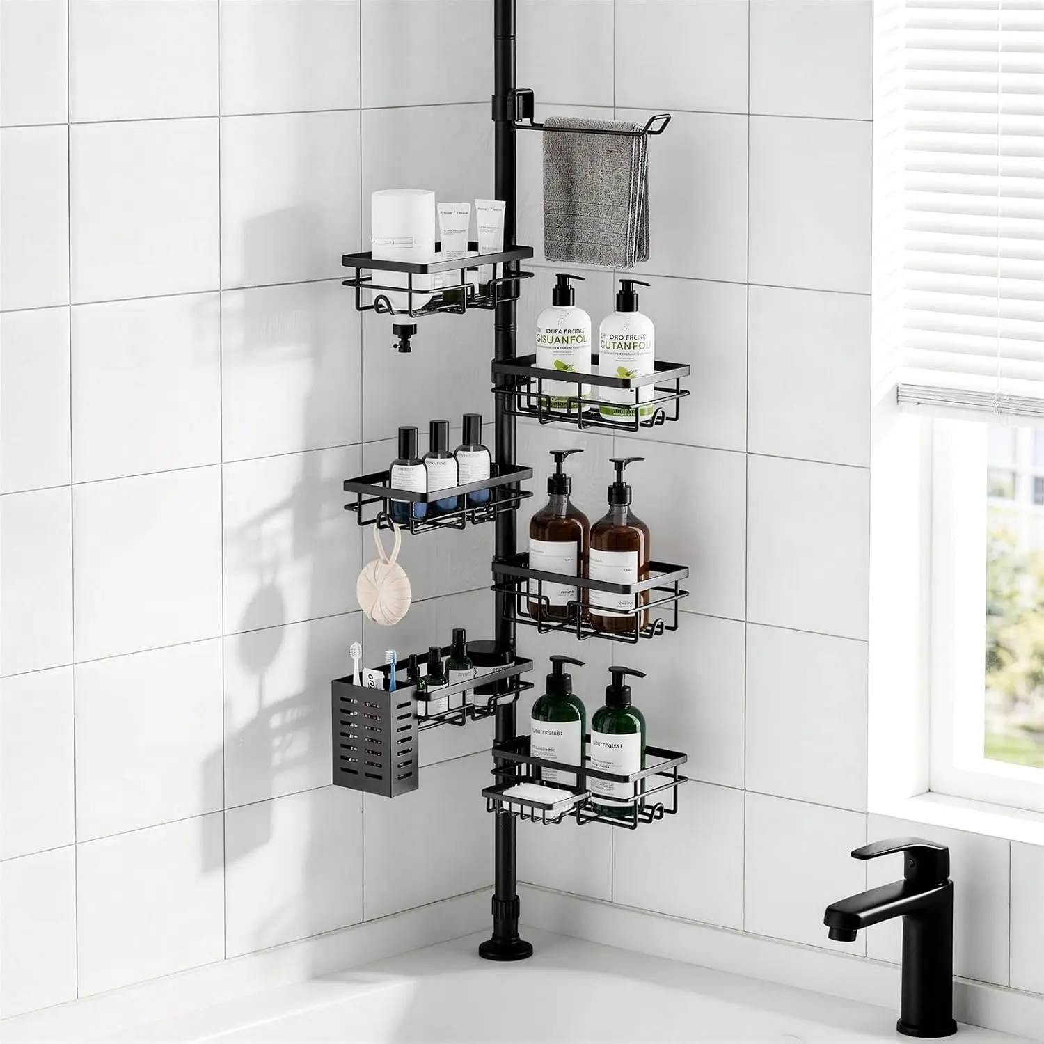 Shower  Organizer Tension Pole, Rustproof 6-Pack Corner Shelf with 30-120 Inch Adjustable Shower Rack for Inside Shower, Extra Towel Bar & Soap Dish for Bathroom Organizers and Storage, Black