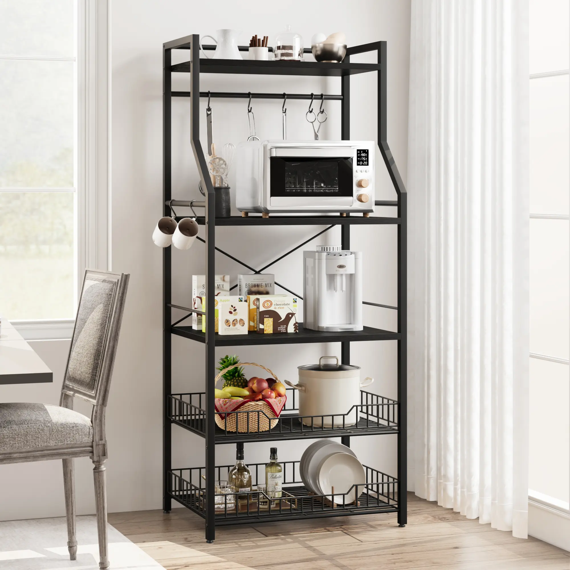 Kitchen Bakers Rack with Storage, 5-Tier Microwave Stand with 2 Wire Baskets & 8 Hooks, Freestanding Coffee Bar and Storage Shelves