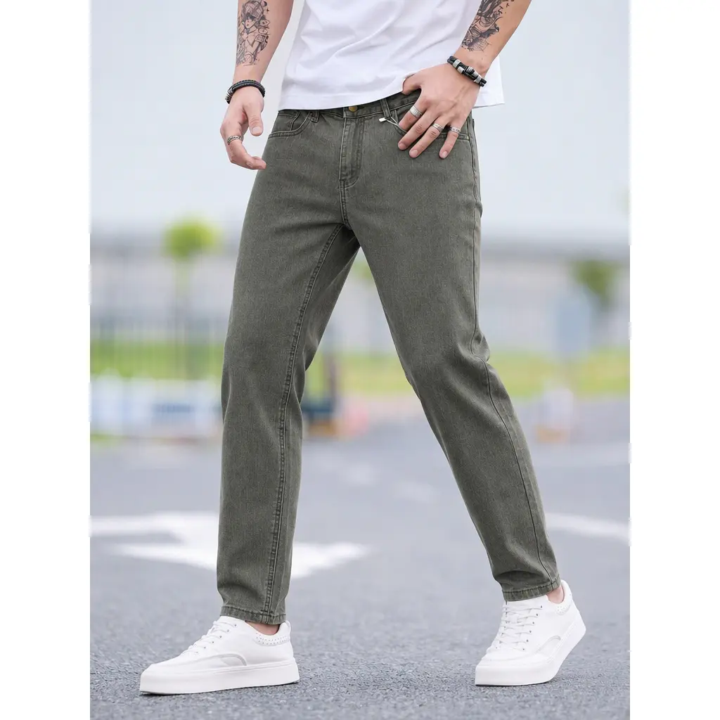 Men's Casual Olive Green Denim Jeans, Relaxed Straight Fit Long Pant with Mid Waist Design, Comfortable Breathable Cotton Blend Fabric, Solid Fashion Clothing for Streetwear, Daily Wear, Travel, Weekend Outfit and Casual Style