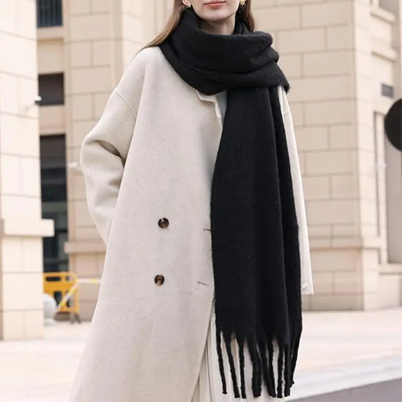 Chunky Tassel Fringe Knitted Scarf Head Wrap, Warm Winter Scarf, Casual Soft Comfortable Shawl Suitable For Autumn And Outdoor Travel Wear sohochic