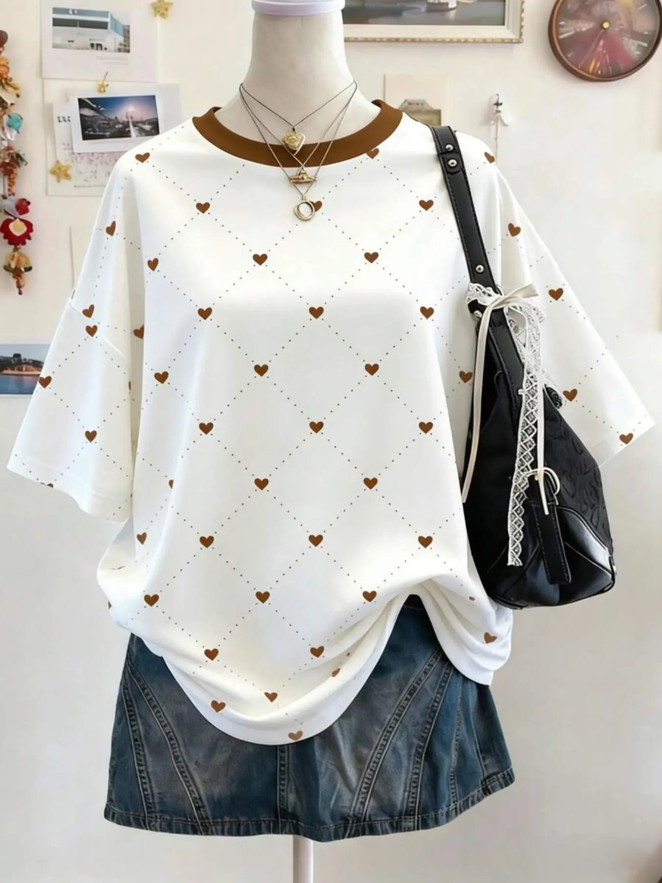 Women's Round Neck Diamond Dash Full Print Heart Loose Casual Short Sleeve T-Shirt, Korean Style Soft Knit Fabric, Streetwear Top