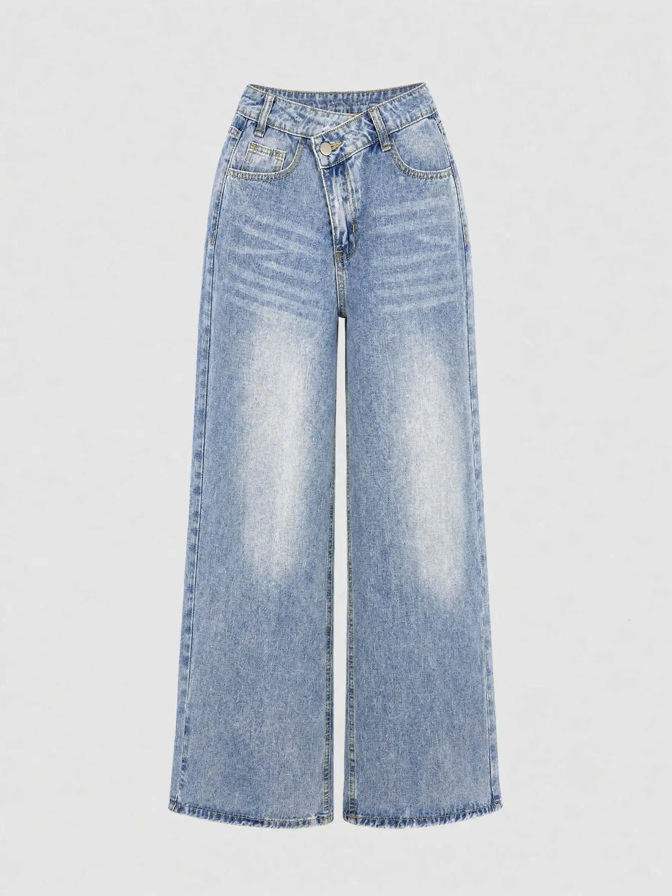 Y2K Blue Wash Wide Leg Jeans for Women, Mid Waist Street Style, Slant Button Closure, Casual Slim-Fitting, All Seasons