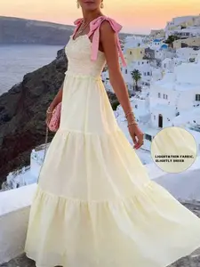 Summer New French Vacation Style Bohemian Boho Backless Long Fitted Dress, Pure Color Contrast Bow Big Flowy Tiered Swing Dress, Women's Chic Casual Fashion, Womenswear, Knot