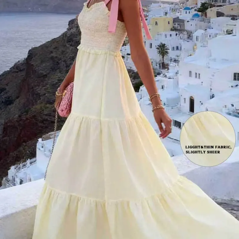 Summer New French Vacation Style Bohemian Sleeveless Backless Long Fitted Dress, Pure Color Contrast Bow Big Flowy Tiered Swing Dress, Women's Chic Casual Fashion, Boho Style Dresses, Womenswear, Knot