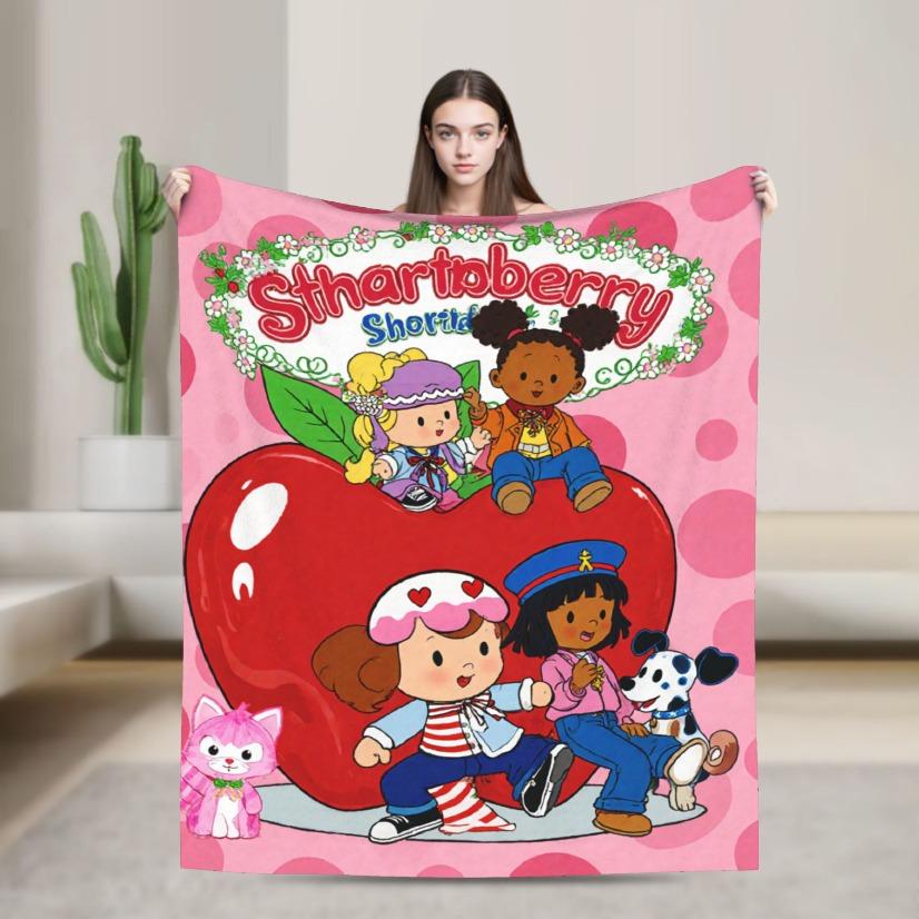 Strawberry Shortcake Flannel Blanket 80s Nostalgia Retro Animated Poster Berry Bitty City Soft Warm Throw For Gamer Room Decor Dorm Essential Bed Sofa Gift