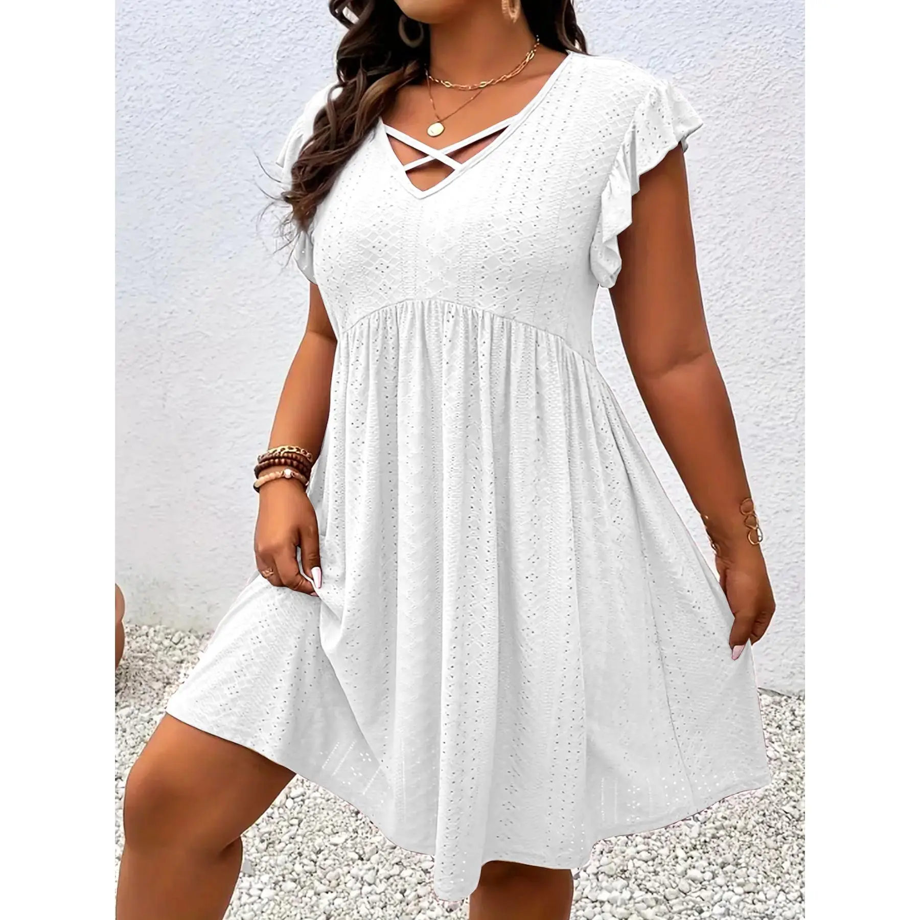 Women's Plus Size Boho Pointelle Lace Polyester Mix Dress - Deep V-Neck, Criss Cross Flutter Sleeves, High Waist, Flowy A-Line Mini, Casual Summer Beach Vacation, 2026 Trendy Elegant Lightweight Babydoll Tunic, Eyelet Texture