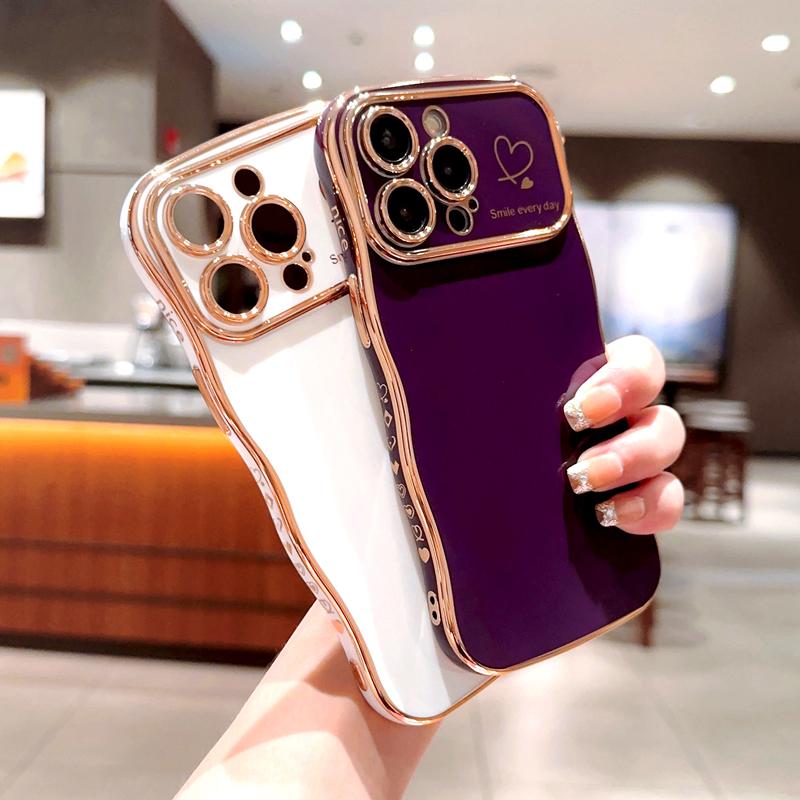 OREKROY [FreeShip] Cute Wave Shape with Love Heart Raised Camera Protection Phone case For iPhone 16 15 14 13 1211 Pro Max Accessories Durable Silicone Shiny Silicone Shiny Wavy