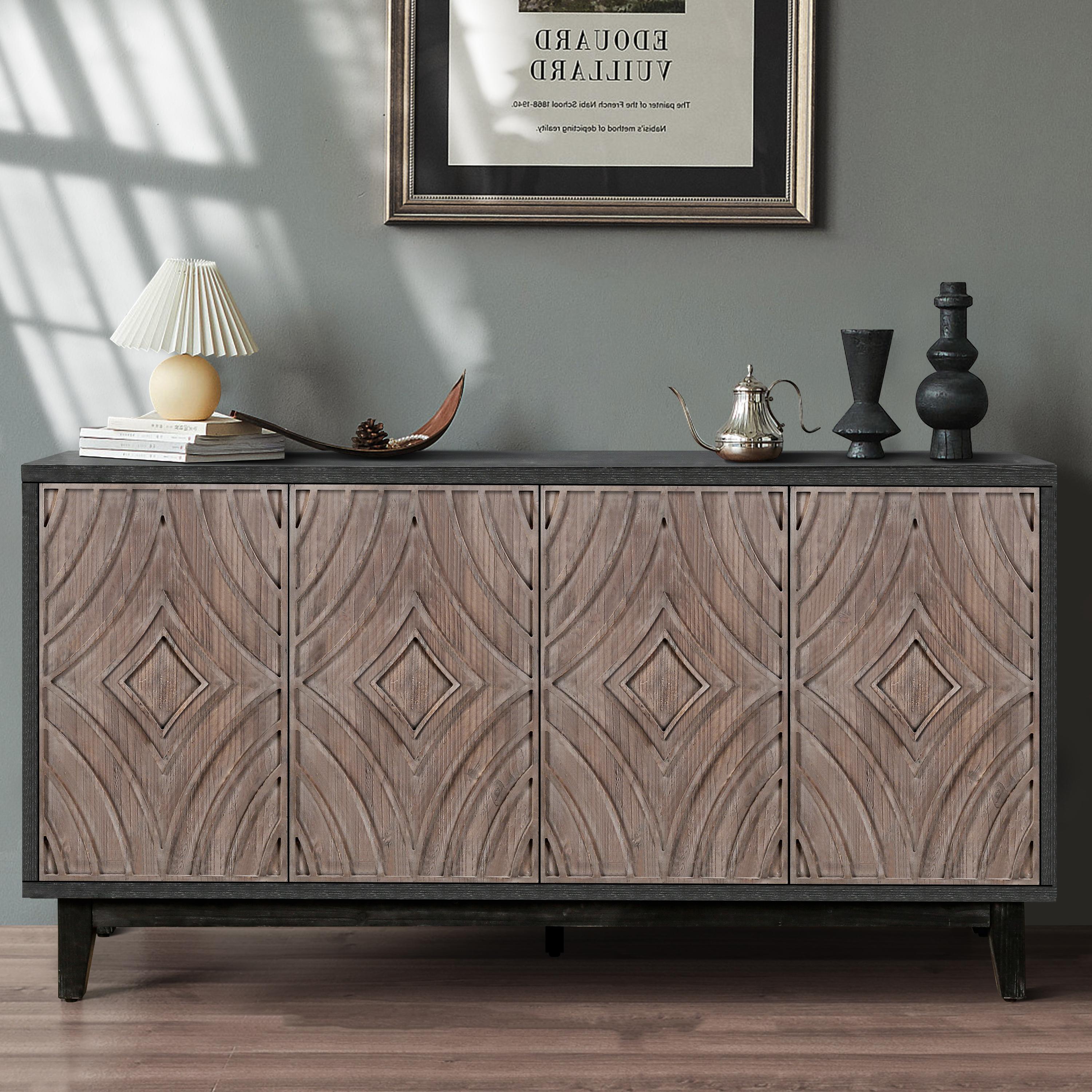 Mid Century Sideboard Buffet Cabinet with Solid Wood Legs 60" Kitchen Storage Cabinet Credenza with 4 Convex pattern diamond Doors and 2 Shelves Accent Console Table for Living Room  Entrance Hall etc