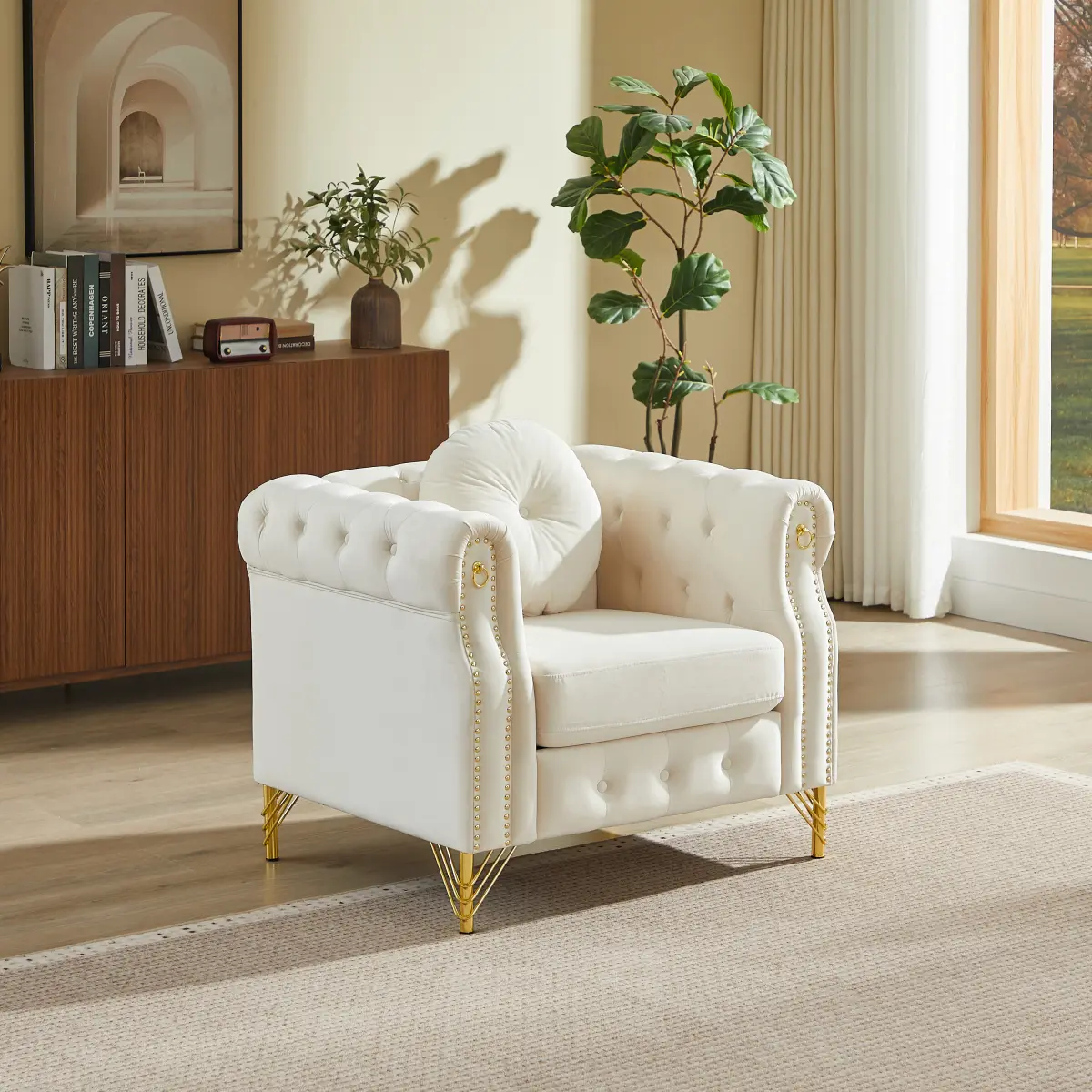 Chesterfield Sofa Chair, Mid Century Modern Velvet Single Sofa with Button Tufted & Rivet, Upholstered Comfy Sofa with Armrest Ring & Gold Leg, Cozy Cloud Chair for Living Room, Bedroom(37" W, Beige)