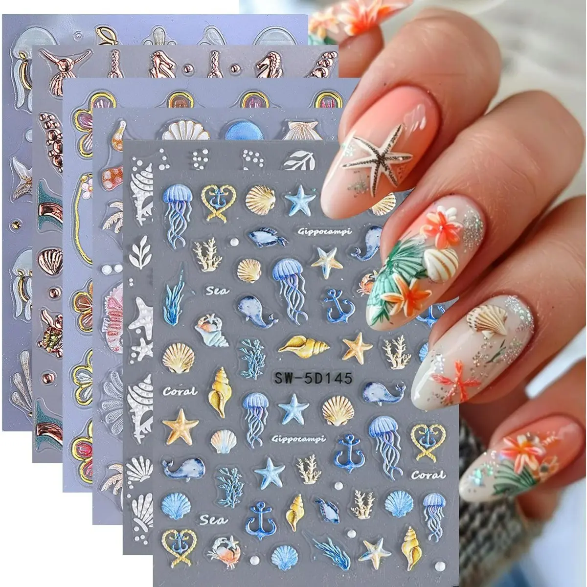 6 PCS Summer Ocean Nail Art Stickers, 5D Embossed Seashell Stickers Beach Designs Starfish Jellyfish Sea Animals Hibiscus Flower Decals Summer Sea Theme Charms Nail Art Supplies for Women Nail Art Set