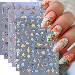 6 PCS Summer Ocean Nail Art Stickers, 5D Embossed Seashell Stickers Beach Designs Starfish Jellyfish Sea Animals Hibiscus Flower Decals Summer Sea Theme Charms Nail Art Supplies for Women