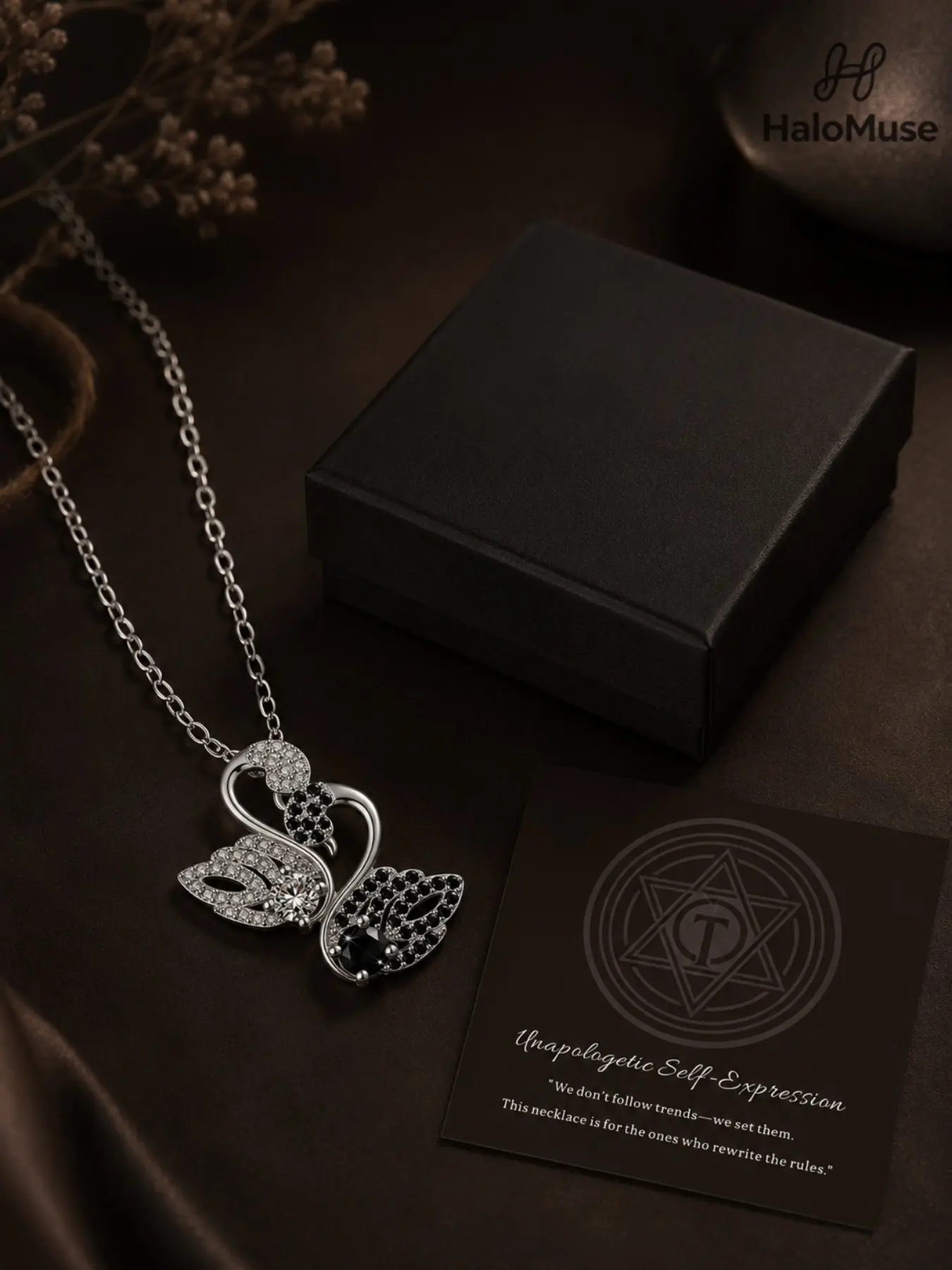 Halo Muse 1 Set Double Swan Necklace Gift Box, Romantic Sparkling Silver-Tone Black and White Swan Pendant with Clear Stones, Black Gift Box and Card, Birthday Anniversary Valentine’s Gift for Her