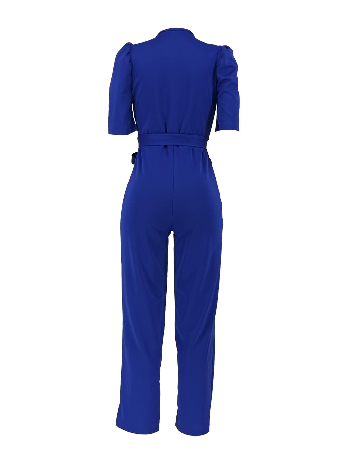 Women's Solid Color Belted Wrap Puff Sleeve Jumpsuit, Elegant Deep V-Neck Straight Leg Jumpsuit, Women's Summer Clothes for Work, Office and Business