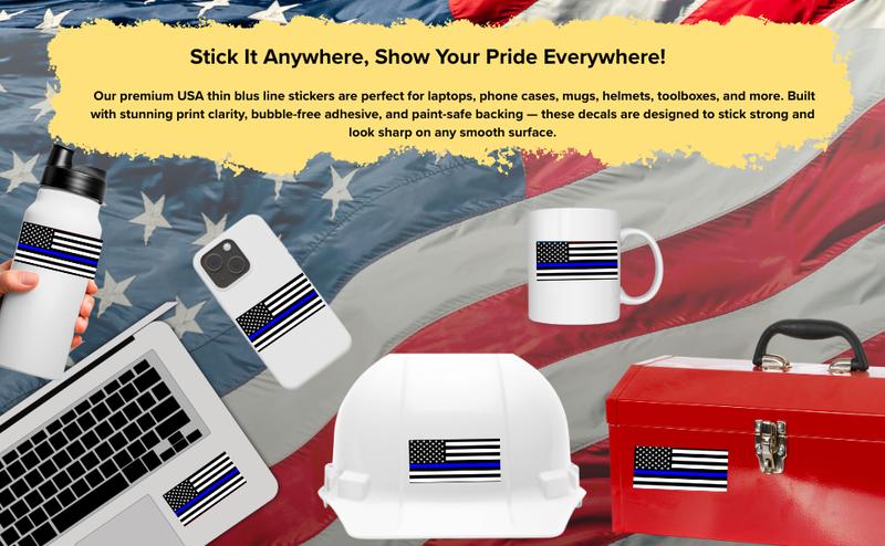 3 Pack Thin Blue Line Vinyl Decals – 5x3 Reflective American Flag Stickers for Cars, Trucks, SUVs, Laptops, Bumpers – USA Black Police Support Window Emblems