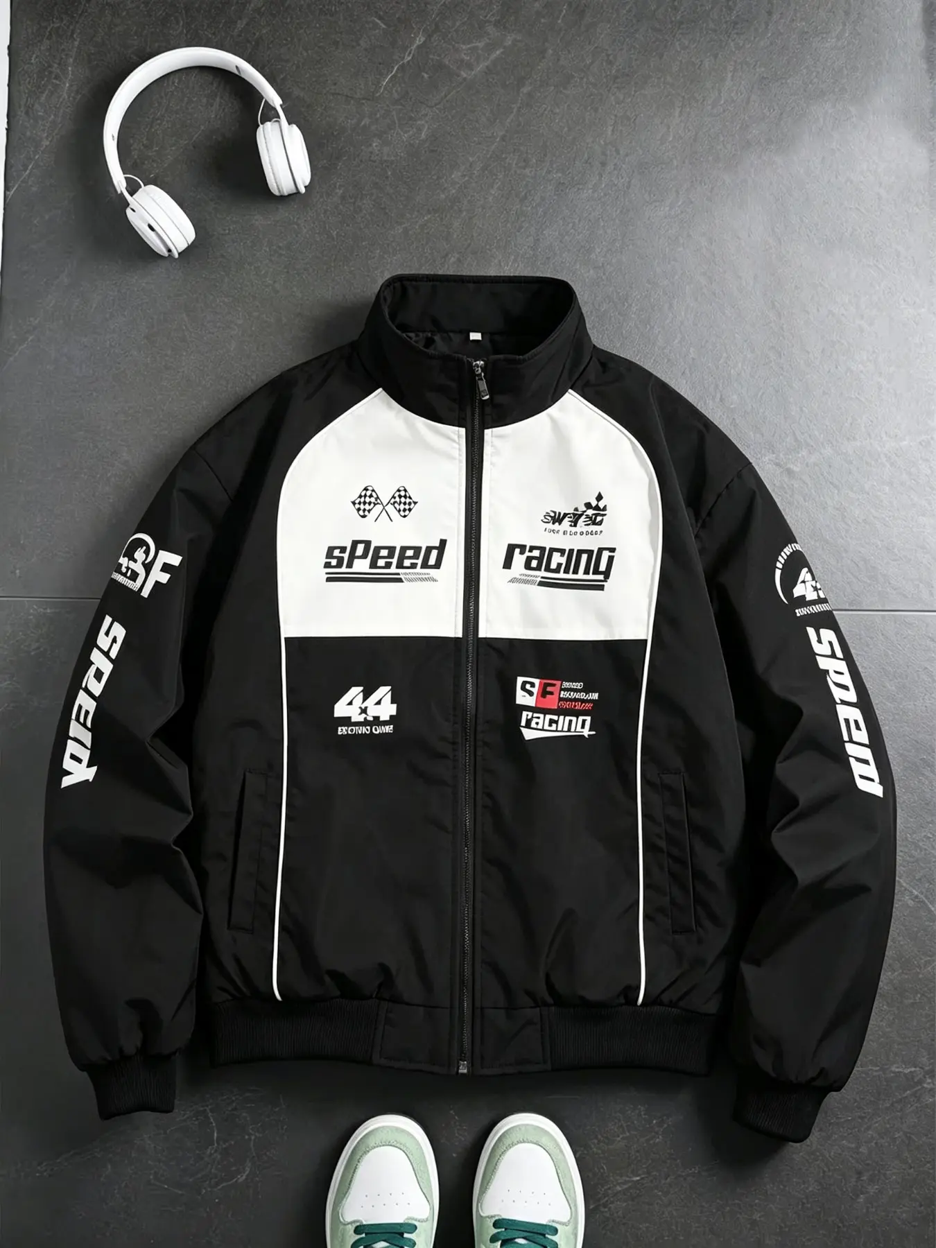 Men's Vintage Racing Windbreaker Jacket, Trendy Letter Print Zipper Design, Loose Fit Street Style Fashion Casual Outerwear