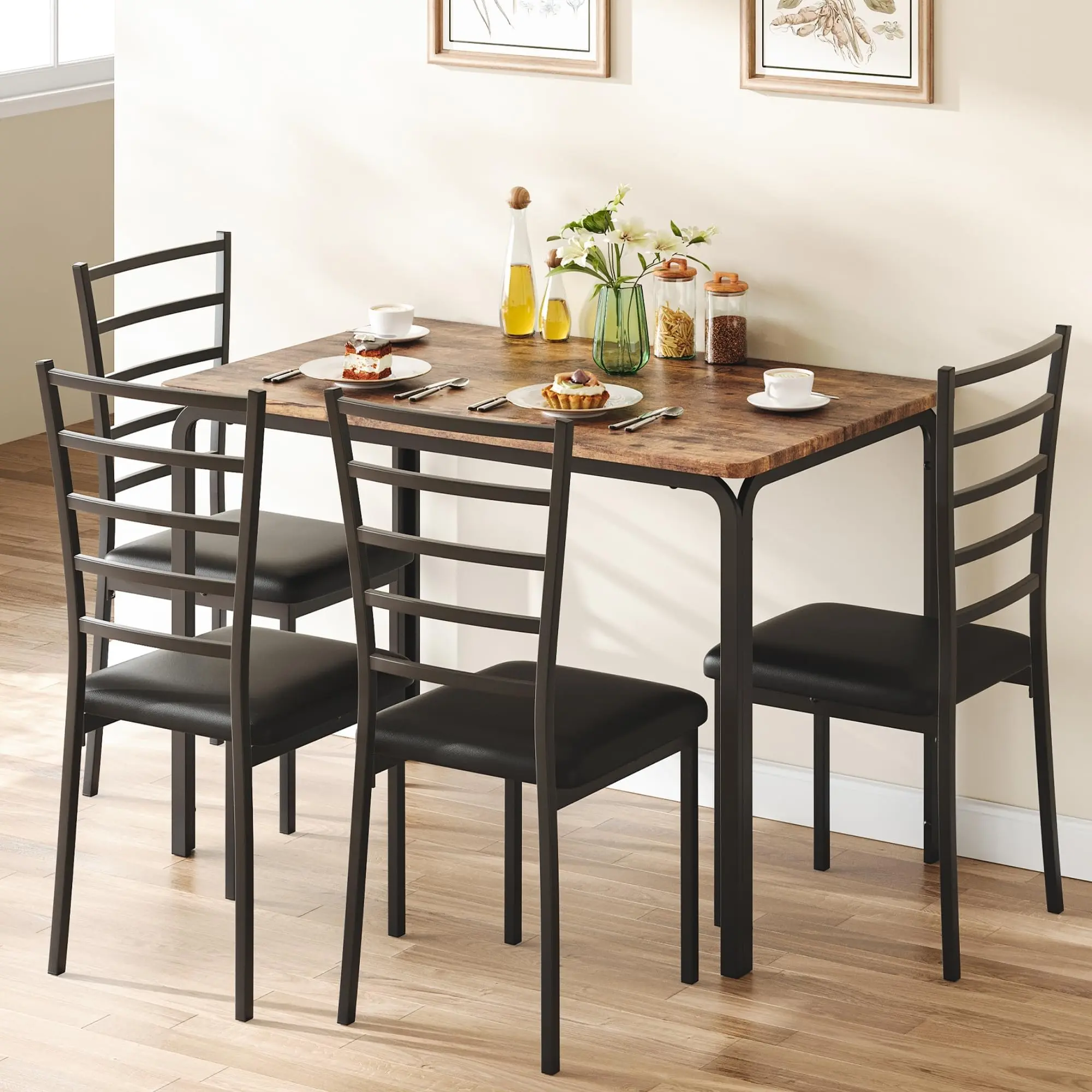 GARVEEDining Table Set for 4,Kitchen Table and 4 Chairs,5 Piece Kitchen Dining Room Table Set,Wood Modern Rectangle Dinner Table With Upholstered Seat,Dinette Furniture for Breakfast,Home Office