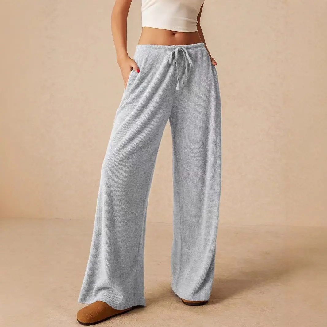Women's Ribbed Wide-Leg Pants - Elastic Waist, Drawstring Design, Loose Casual Lounge Bottoms for Fall Winter Daily Wear Basic Minimalist Womenswear