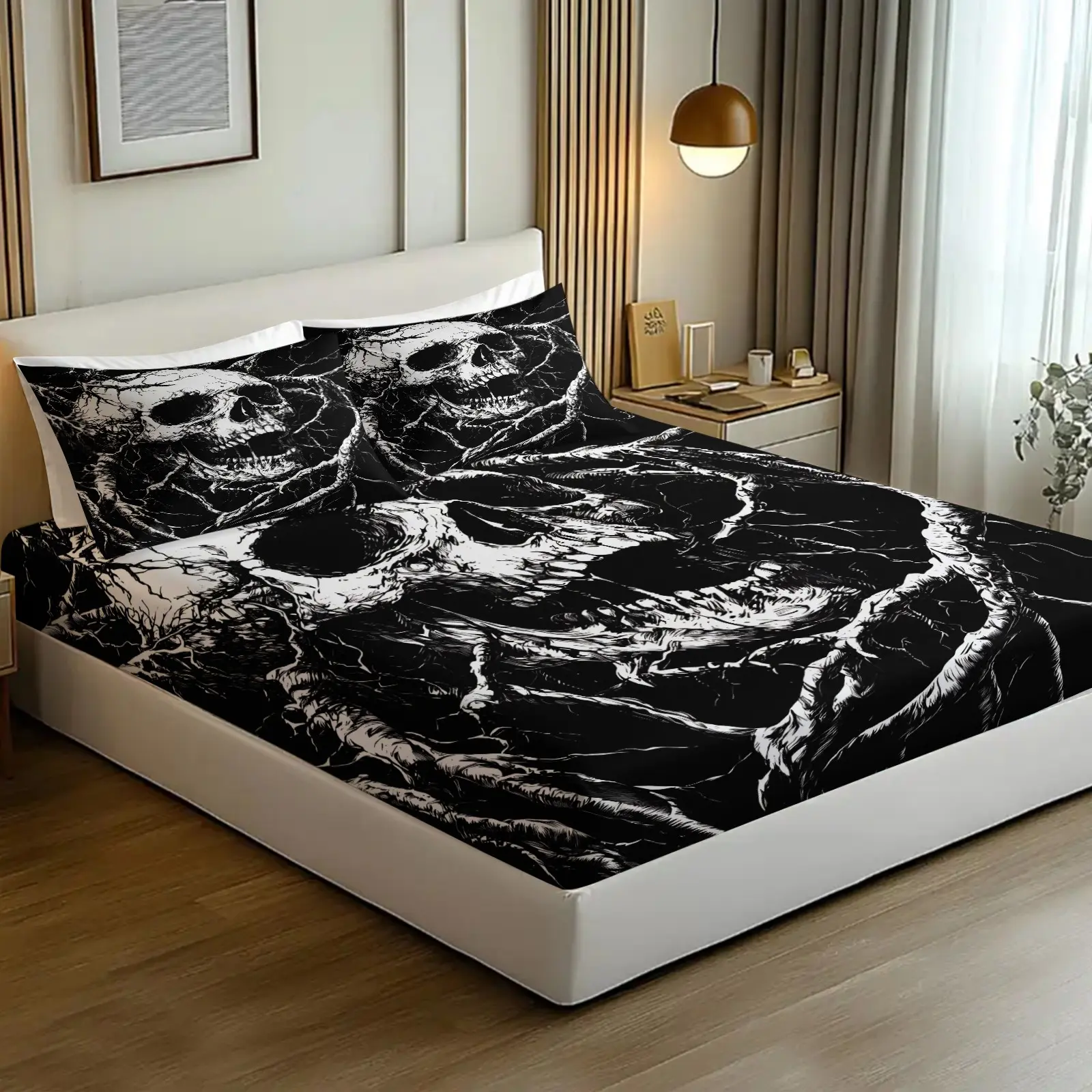 3PCS Abstract Art Root Skull Print Fitted Sheet Set (1 Fitted Sheet + 2 Pillowcases, No Pillows Included),Soft Breathable Skin-Friendly Fabric,Deep Pocket Anti-Slip Design,All Season Easy Care Fabric,HD Digital Printing,Great Decor & Gothic Style Gift