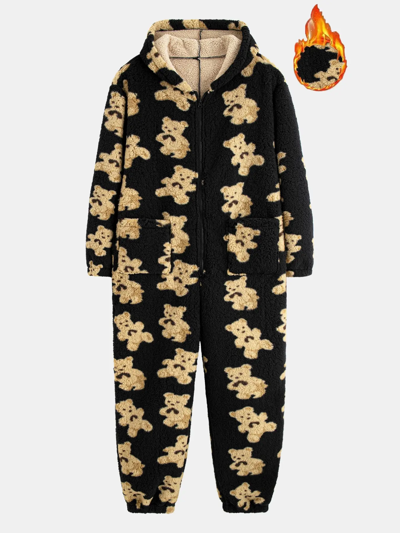 Cute Bear Print Men Fleece Onesie, Hooded Zip-Up Warm Plush Jumpsuit, Winter Cozy Sleepwear, Home Lounging, Holiday Costume