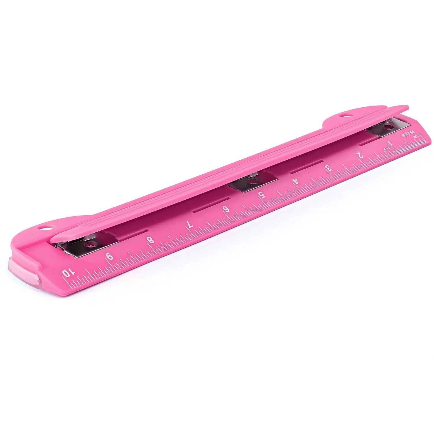 3 Hole Punch Pink, Portable Hole Puncher for 3 Ring Binder, 3 Sheets Capacity, Removable Chip Tray, 10” Ruler for School Office, Available in Purple Blue Green Red Grey, 1 Piece